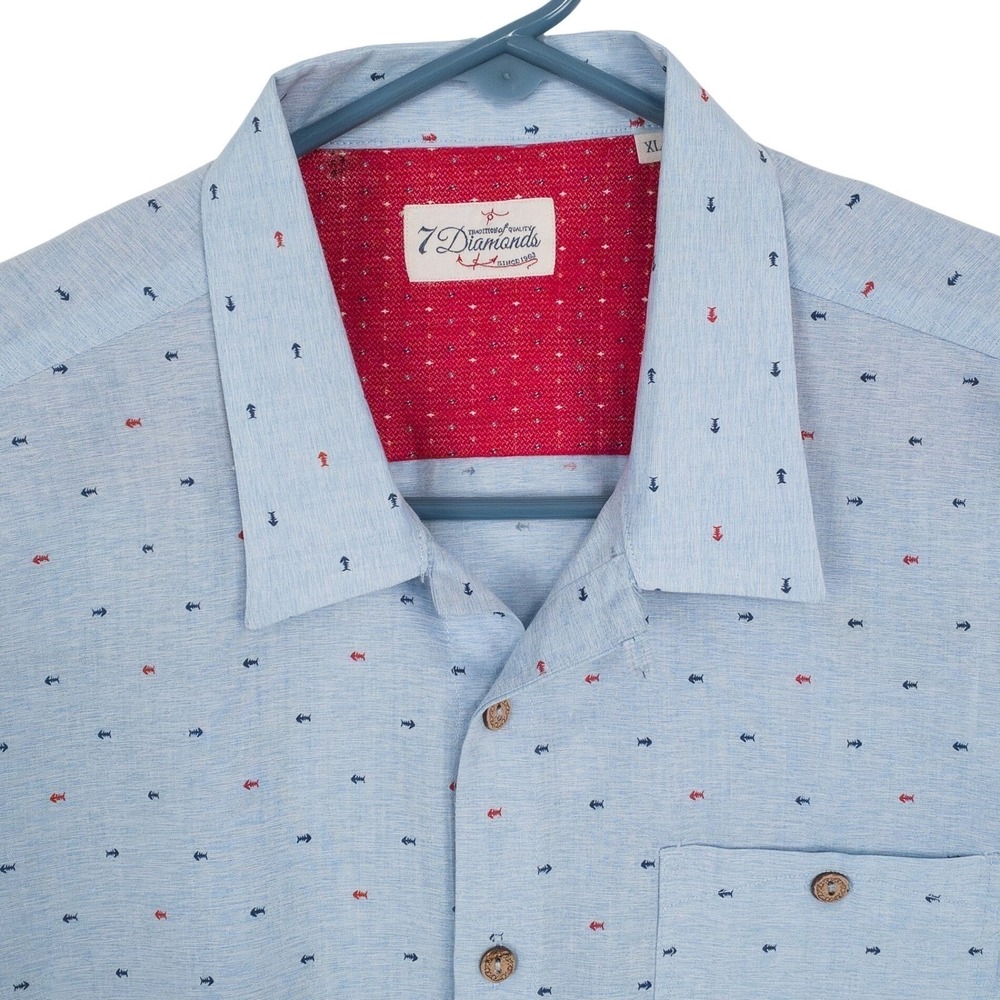 7 Diamonds Mens Short‎ Sleeve Button Up Shirt Blue Fishbone Pattern XL